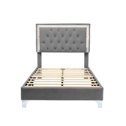 Twin Size Upholstered Bed Frame with LED Lights,Modern Velvet Platform Bed with Tufted Headboard,Grey