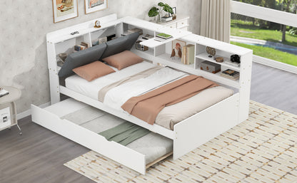 Wood Twin Size platform bed with Trundle, Shelves and Storage Headboard, White