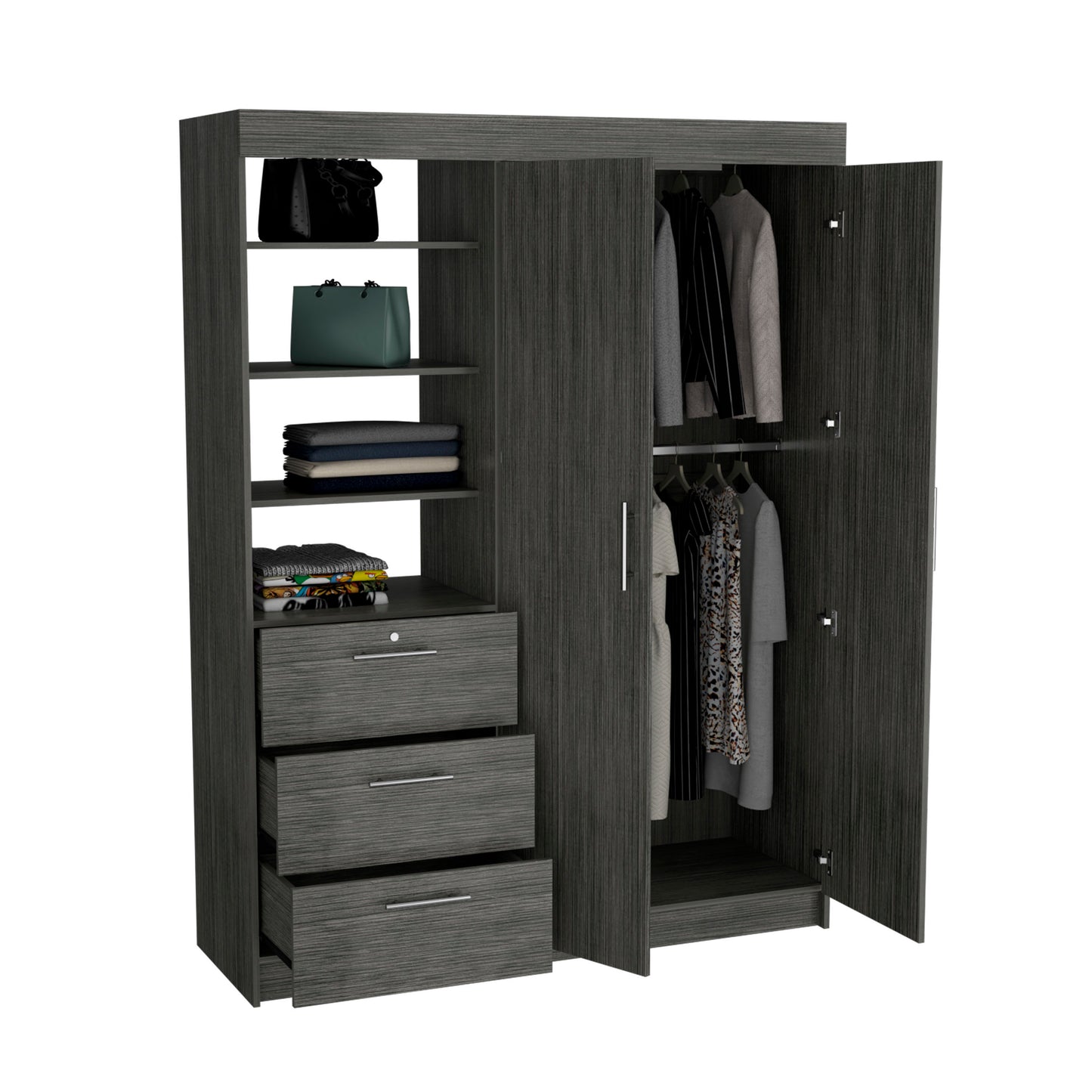 Kenya Armoire with Double Door, Three Drawers, 3-Tier Shelf and double hanging Rod Smokey Oak