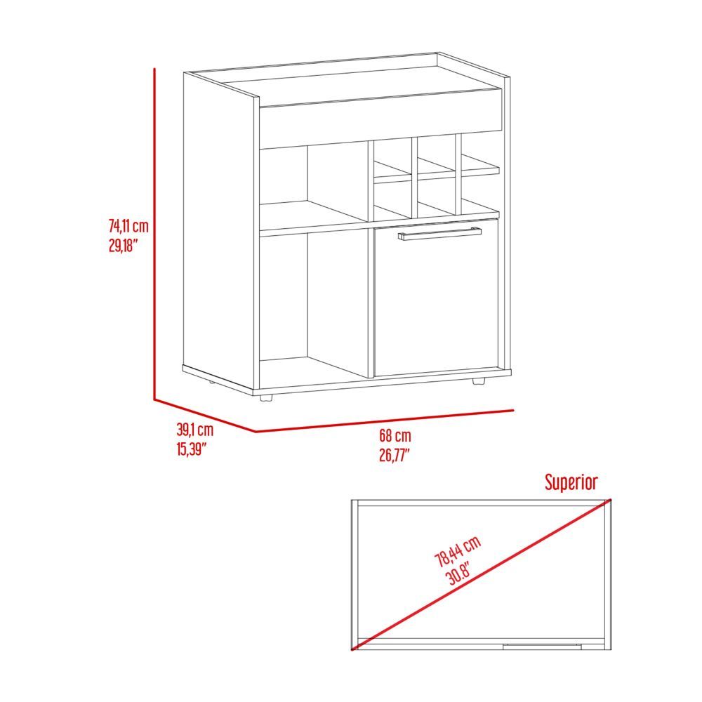 Bar- coffee cart 29" H, cabinet storage, with 6 bottle racks, a central shelf covered by 1 wood door, ideal for storing glasses and snacks, Dark Walnut