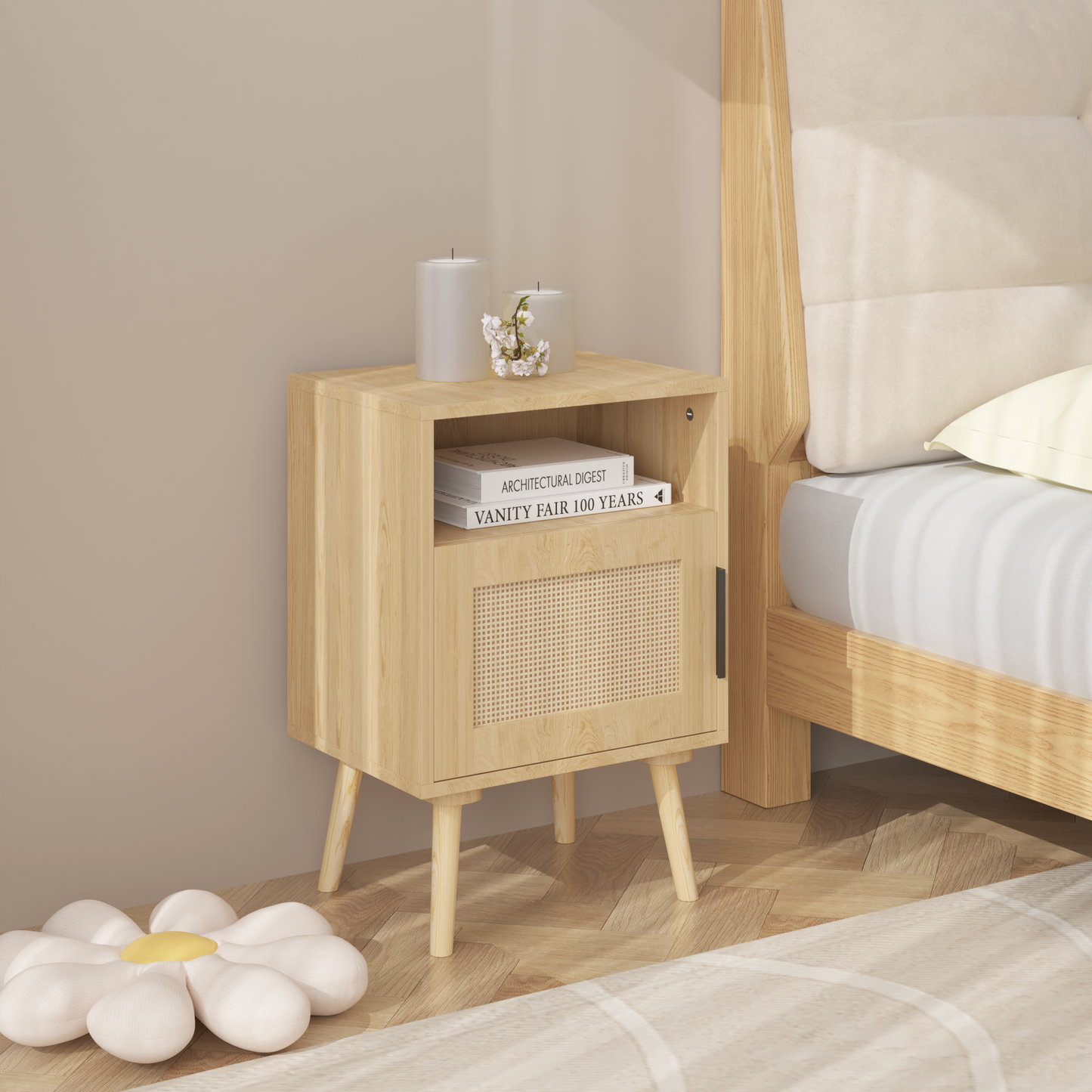 22.83'' H Rattan Nightstand, Side Table with Door Open Shelf,  Accent Bedside End Table with Solid Wood Legs for Bedroom, Dorm and Small Spaces, Oak