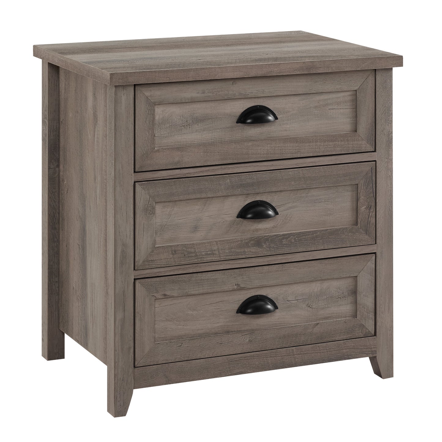 Transitional Farmhouse Framed 3-Drawer Nightstand with Cup Handles - Grey Wash