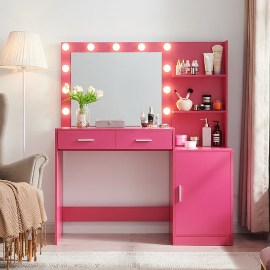 Vanity Desk with Mirror and Lights, 46.4IN Dressing Table with 2 Large Drawer&Large Vertical Organizer, 3 Level Dresser & 3 Lighting Modes Adjustable Brightness, Suitable for Bedroom(Rose Pink)