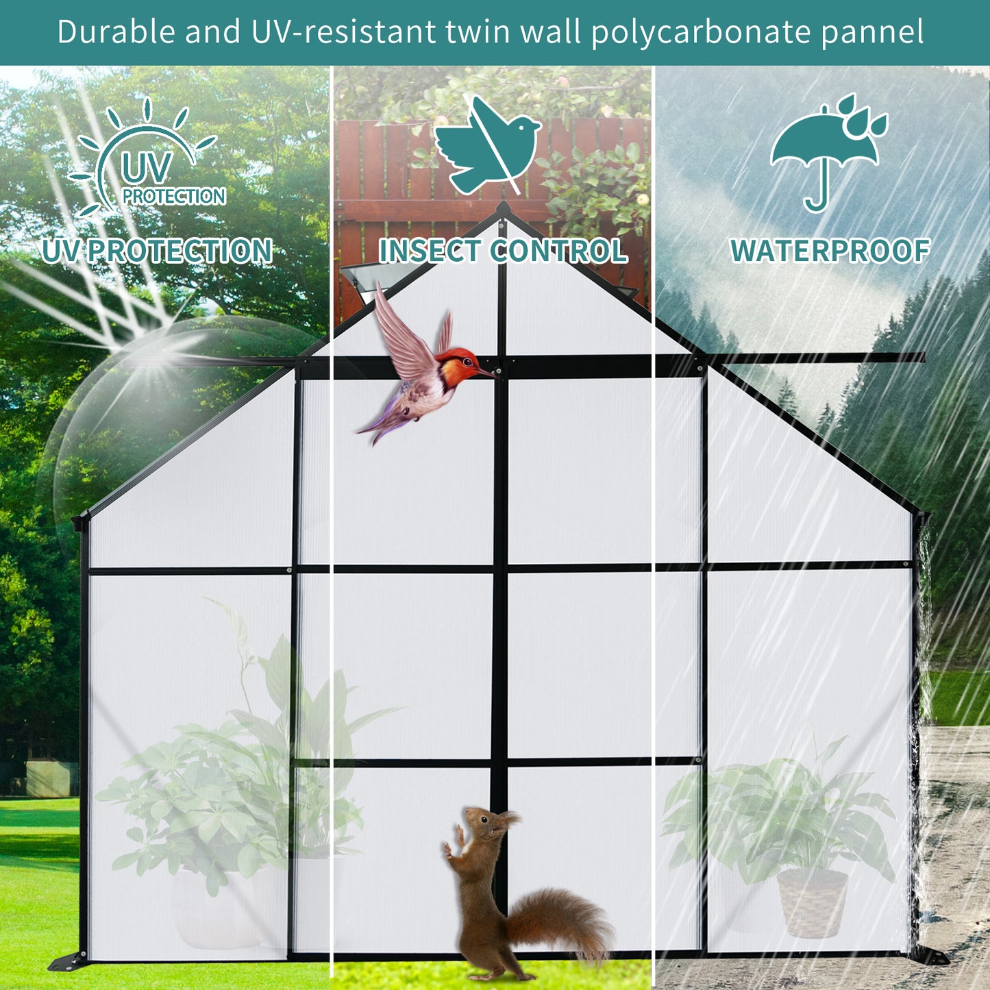 8x8 FT Double Door Polycarbonate Greenhouse Raised Base and Anchor Aluminum Heavy Duty Walk-in Greenhouses for Outdoor Backyard in All Season,Black