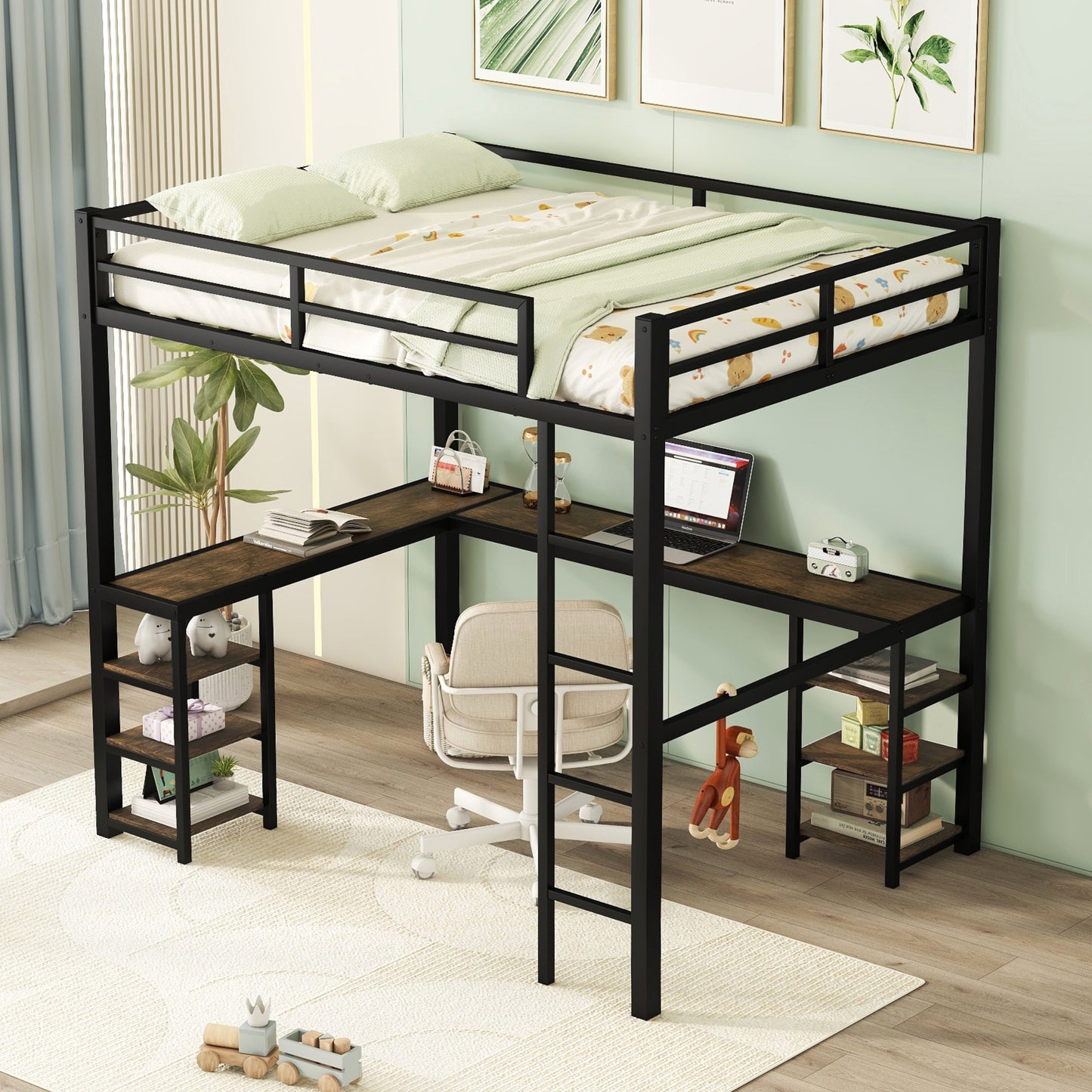 Full Metal Loft Bed with Desk and Shelves, Loft Bed with Ladder and Guardrails, Loft Bed Frame for Bedroom, Black (Old SKU: W1307S00018)