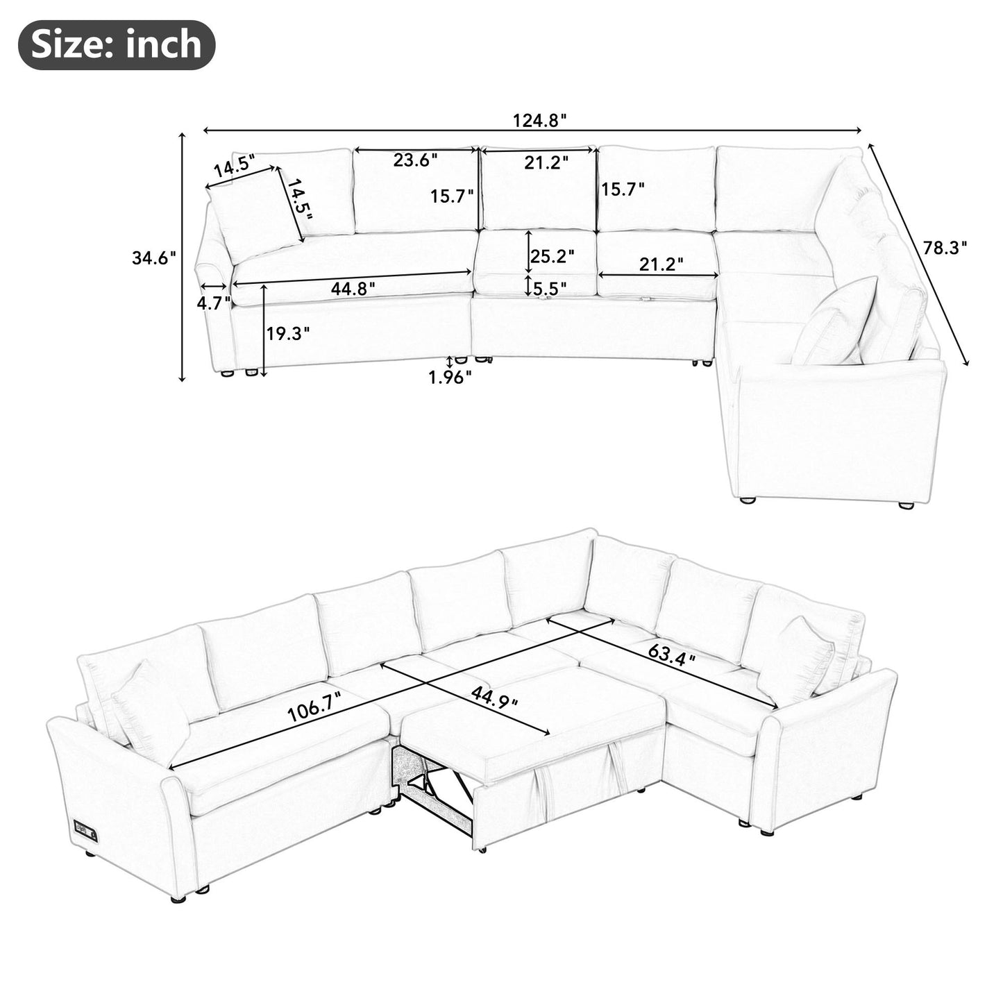 124.8"L-shaped Sofa Convertible Sofa Bed Pull Out Sofa Sleeper with Two Back Pillows, Two USB Ports and Two Power Sockets for Living Room, Gray (Old SKU:SG000890AAE)