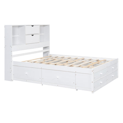 Queen Size Platform Bed with Storage Headboard and 8 Drawers, White