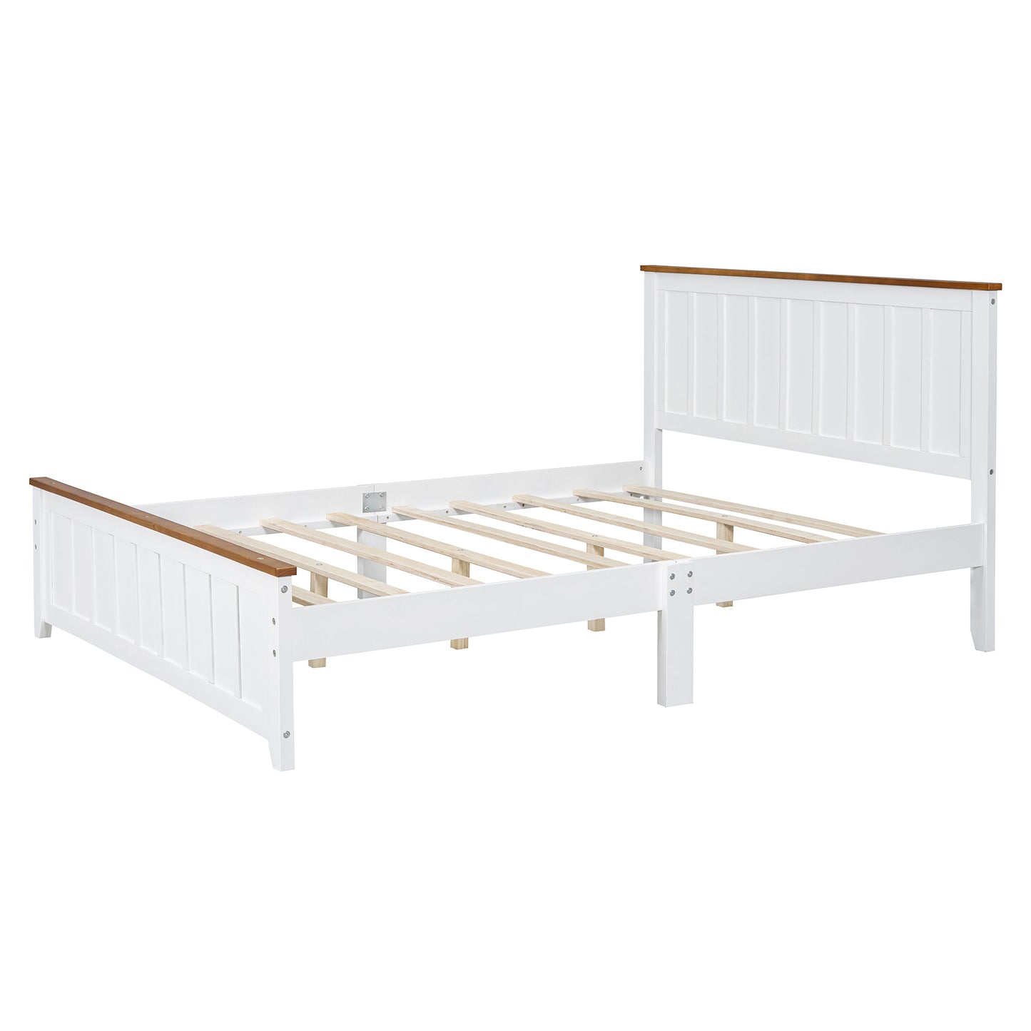 Queen Size Wood Platform Bed Wooden Slat Support, Vintage Simple Bed Frame with Rectangular Headboard and Footboard, White