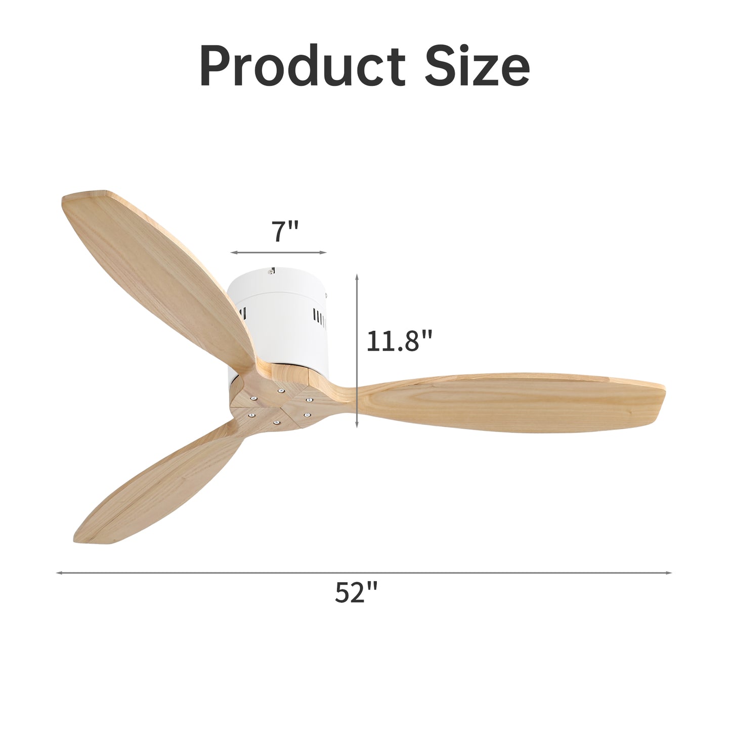 52 Inch Indoor 3 Solid Wood Blade Ceiling Fan Noiseless Reversible DC Motor Remote Control