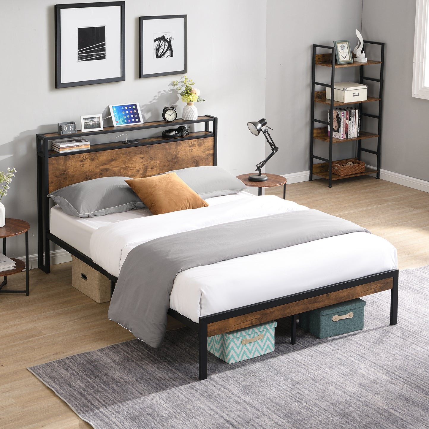 King Size Metal Platform Bed Frame with Wooden Headboard and Footboard with USB LINER, No Box Spring Needed, Large Under Bed Storage, Easy Assemble