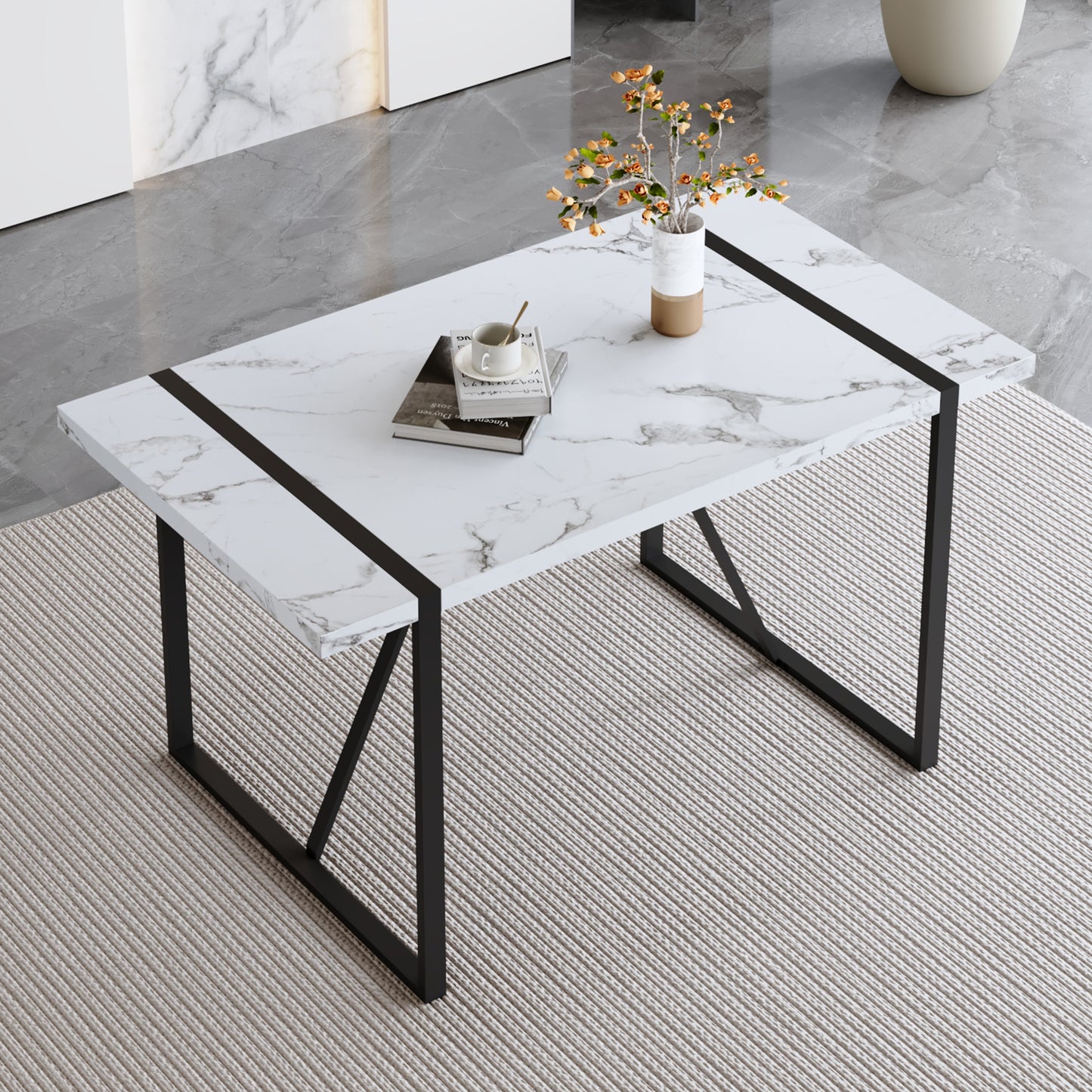 Industrial Rectangular MDF White Pattern Dining Table for 4-6 people with 1.5 inch thick MDF top and black metal legs for desks, kitchens, patios, dining rooms