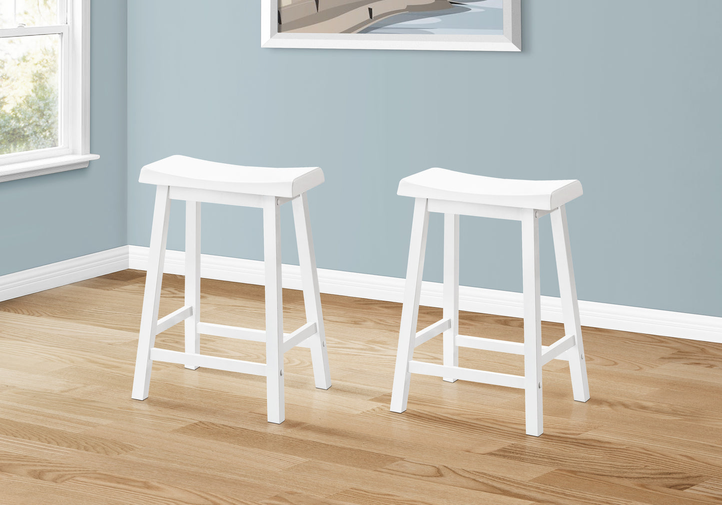 Bar Stool, Set Of 2, Counter Height, Saddle Seat, Kitchen, White Wood, Contemporary, Modern