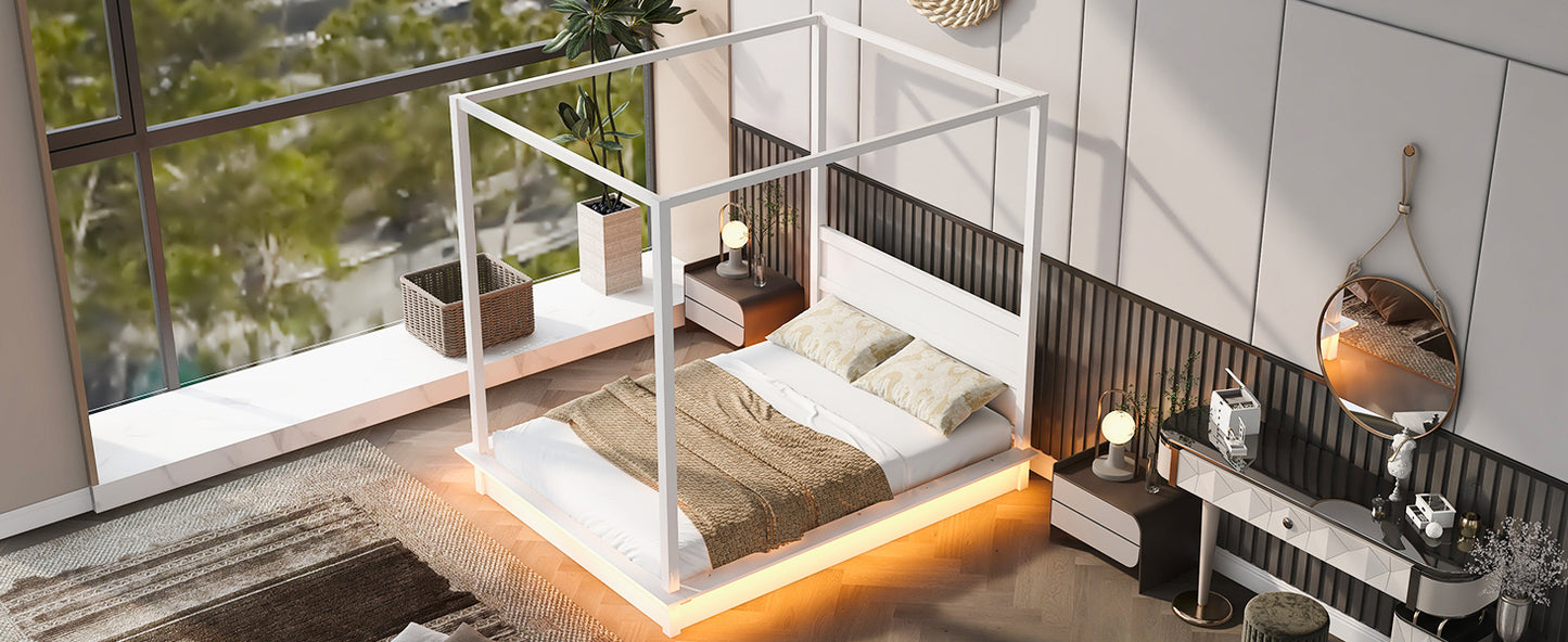 Queen Size Wood LED Canopy Bed ,Canopy Platform bed With Support Slats, No Box Spring Needed, White