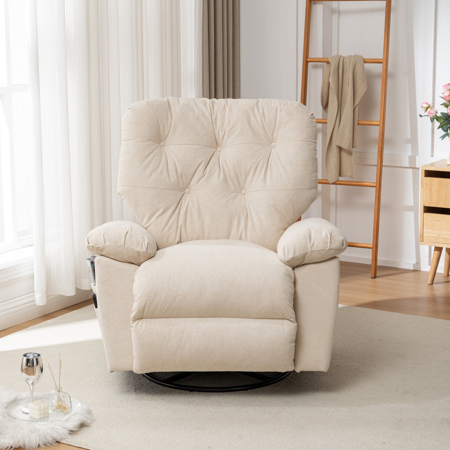 Beige Relaxing Recliner Chair,Soft Artificial Fleece, Overstuffed, Swivel, Glider, Side Pocket