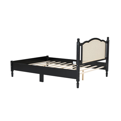 Queen Size Wooden Platform Bed with Natural Rattan Headboard, Vintage Bed Frame with Wooden Slat Support, Black