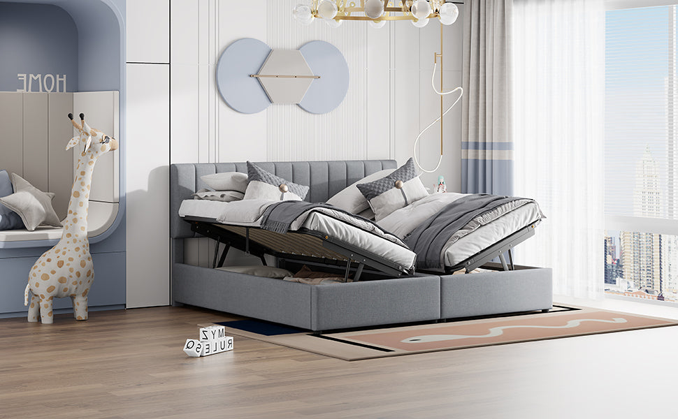 King Size Upholstered Platform Bed with a Hydraulic Storage System, Gray