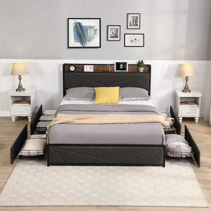 Queen Bed Frame, Storage Headboard with Charging Station, Solid and Stable, Noise Free, No Box Spring Needed, Easy Assembly