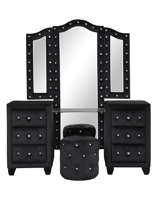 Modern Style Crystal Tufted Upholstery 6-Drawer Vanity Set with Stool, finished with Velvet Fabric made with Wood in Black