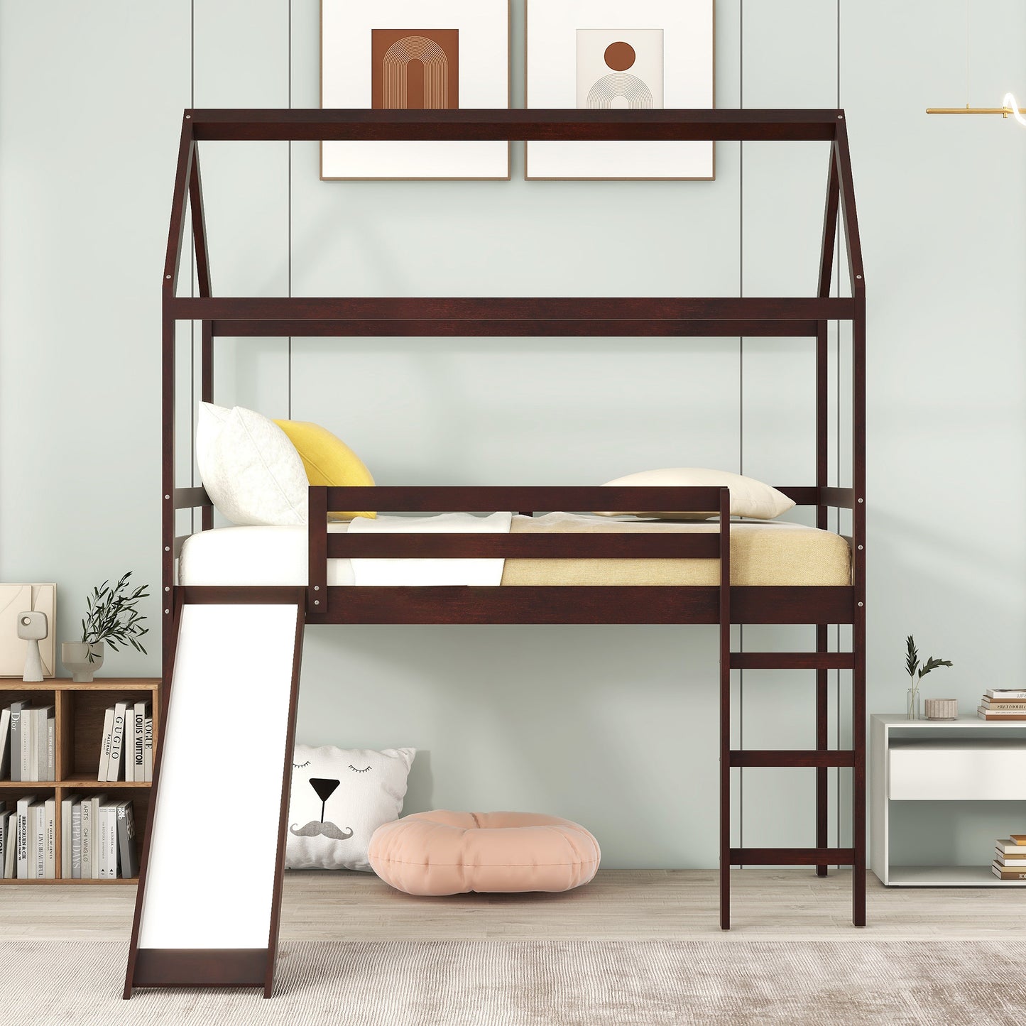 Twin Loft Bed with Slide, House Bed with Slide,Espresso(OLD SKU :WF286245AAP)