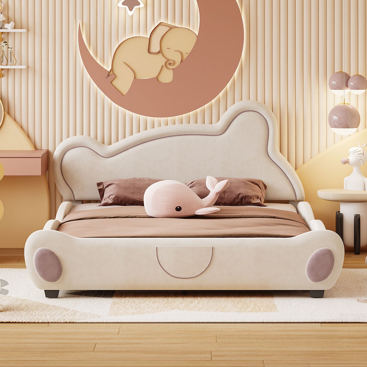 Queen Size Velvet Platform Bed with Bear-Shaped Headboard, with Bed-End Storage Pocket, Beige