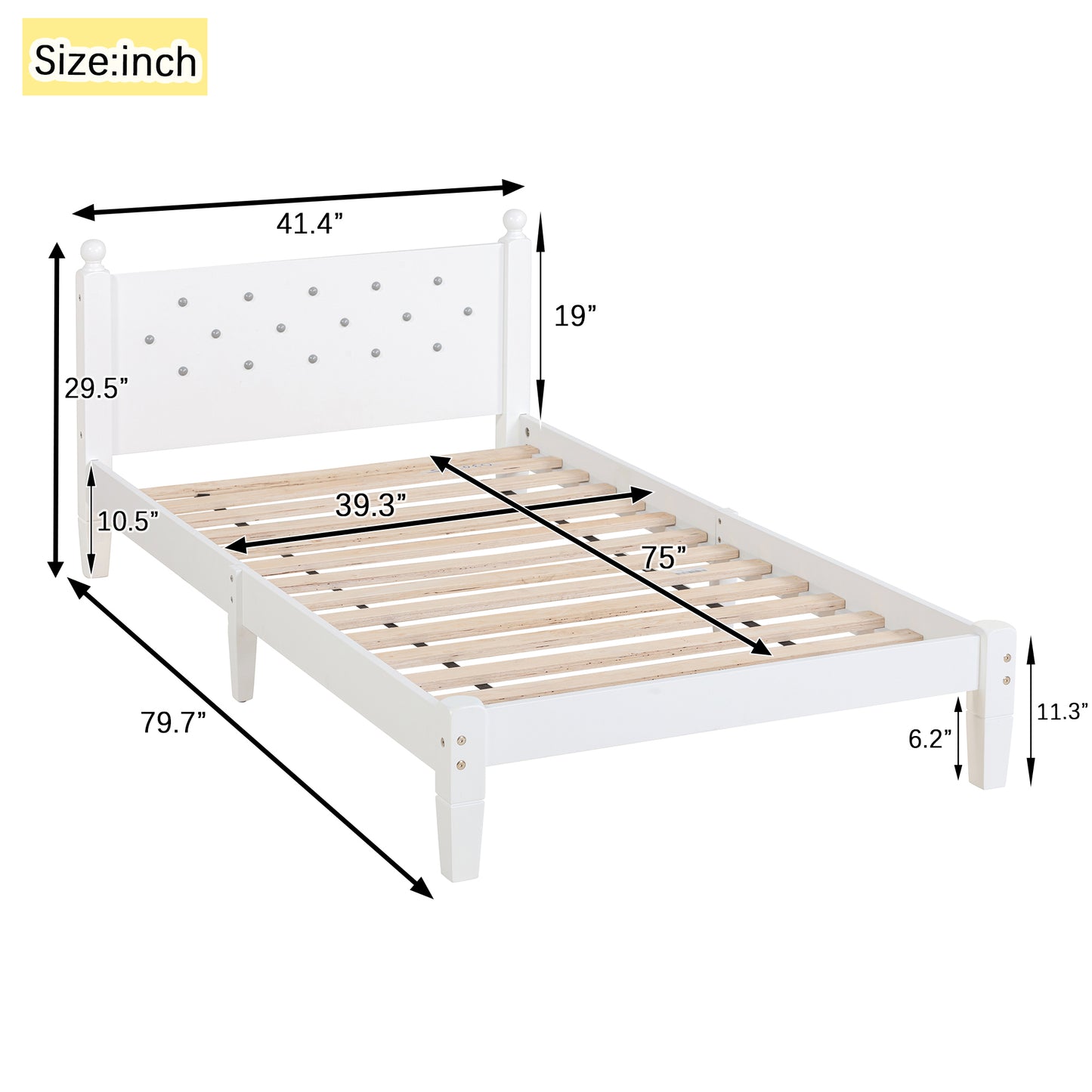 Twin Bed with Button-Decoration Headboard, with Bed Slats,White