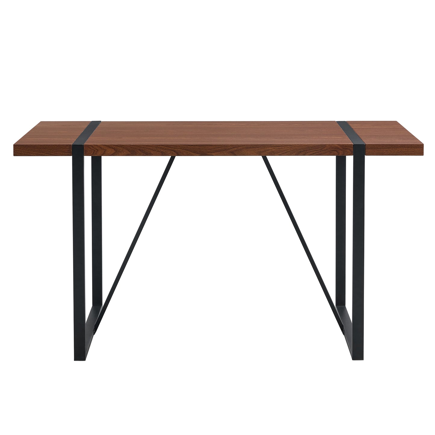 Industrial Rectangular MDF Walnut Color Wood Grain Dining Table for 4-6 people with 1.5 inch thick MDF top and black metal legs for desks, kitchens, patios, dining rooms.