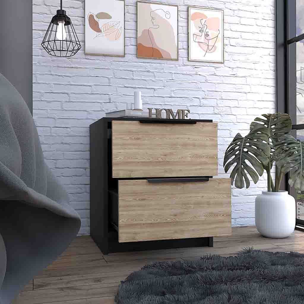 Modern Nightstand 19" H, Two Drawers, Black / Pine