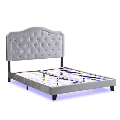 Upholstered Bed Button Tufted with Curve Design - Strong Wood Slat Support - Easy Assembly - Light Grey Velvet - With LED light-platform bed - Queen