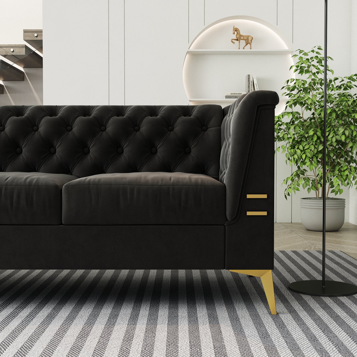 FX-P83-BK2(SOFA) Luxurious Black Velvet Sofa with Gold Legs - Modern Chesterfield Design, Tufted Upholstery, 3-Seat Couch for Living Room and Office