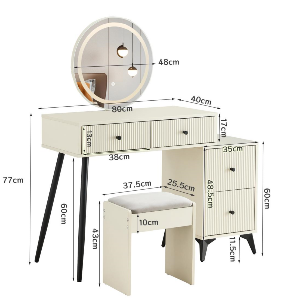 Fluted Makeup Vanity Desk with Round LED  Mirror and Lights, Modern Glass Top Big Vanity Table with 4 Drawers & Adjustable Shelves, Dressing Table Set  with stools table with movable side table