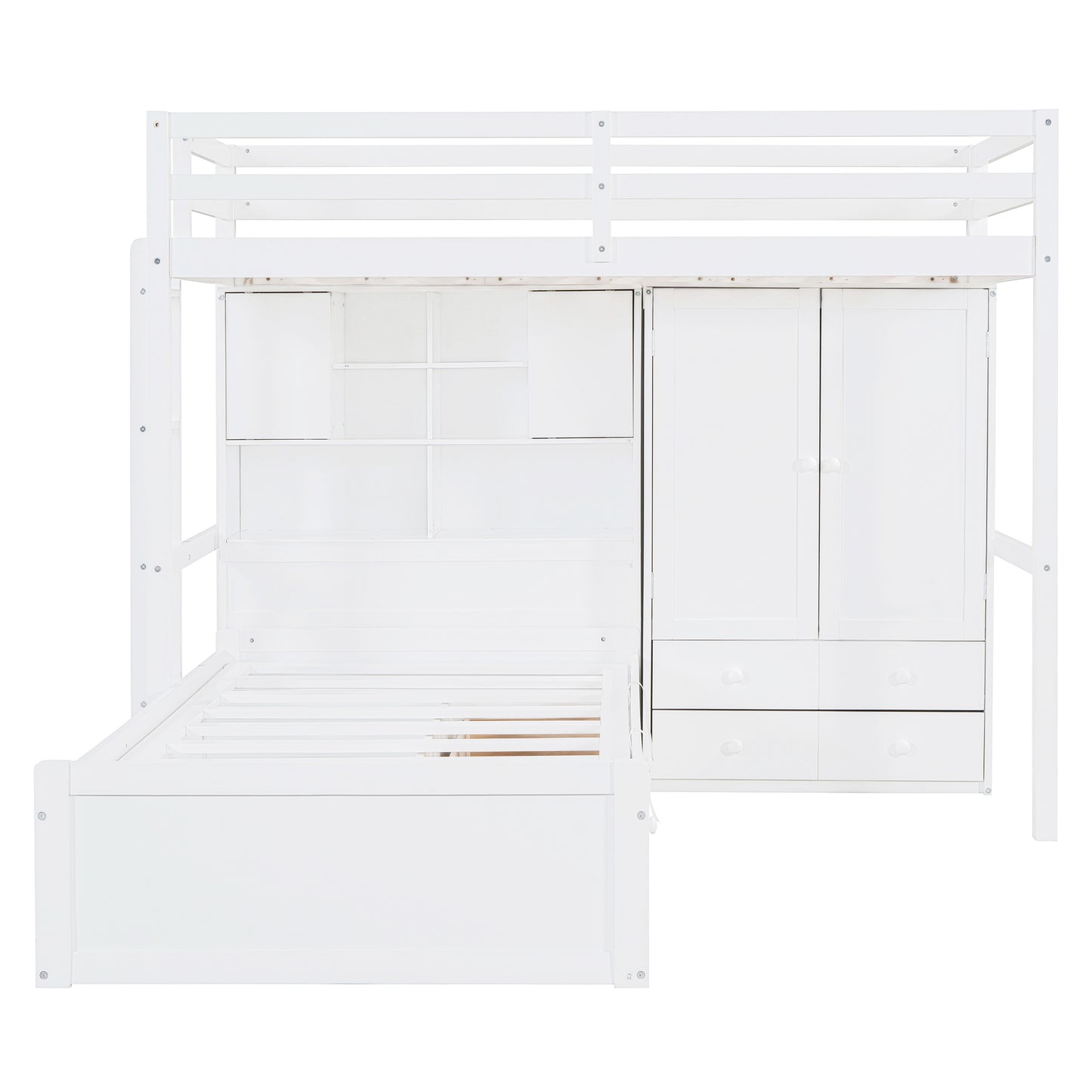 Twin Bunk Bed with Drawers, Wardrobe, Storage Shelves and Hydraulic Bed,White