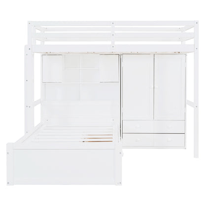 Twin Bunk Bed with Drawers, Wardrobe, Storage Shelves and Hydraulic Bed,White