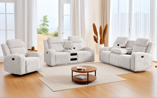 Recliner Sofa Set 1+2+3 Seat, Manual Recliner Faux Fur, Flipped Middle Backrest, Music Speaker, USB Charging Port, Wireless Charging Phone, Cup Holders, Reclining Couch for Living Room Grey