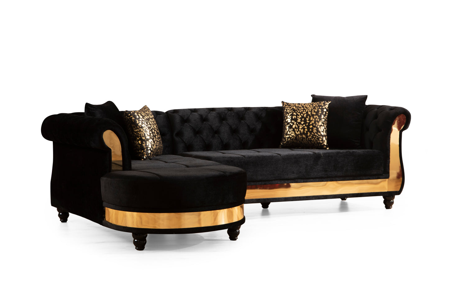 Gold Detailed Tufted Upholstery Sectional made with Wood In Black