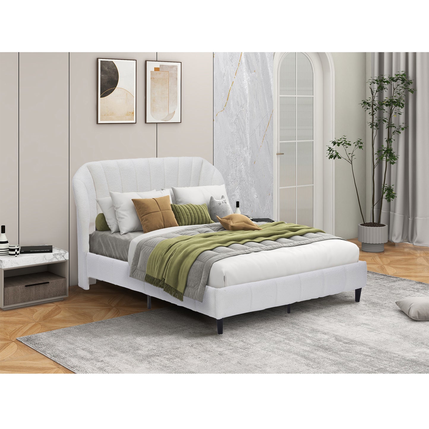 Queen Size Velvet Bed Frame Wingback Headboard with Velvet Upholstered Platform Bed Strong Wooden Slats No Box Spring Needed Easy Assembly Beige