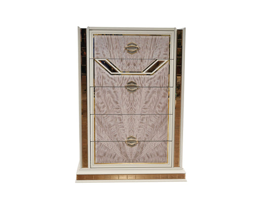Omari Modern Style 5-Drawer Chest Made with Wood and Gold Accents in Beige