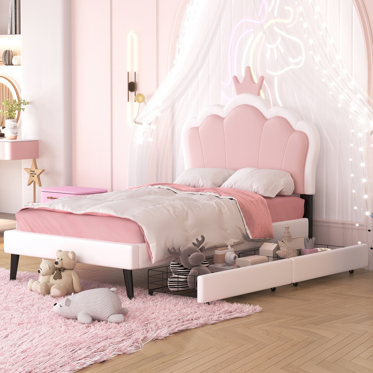 Twin Size Upholstered Princess Bed With Crown Headboard and 2 Drawers,Twin  Size Platform Bed with Headboard and Footboard, Pink+White