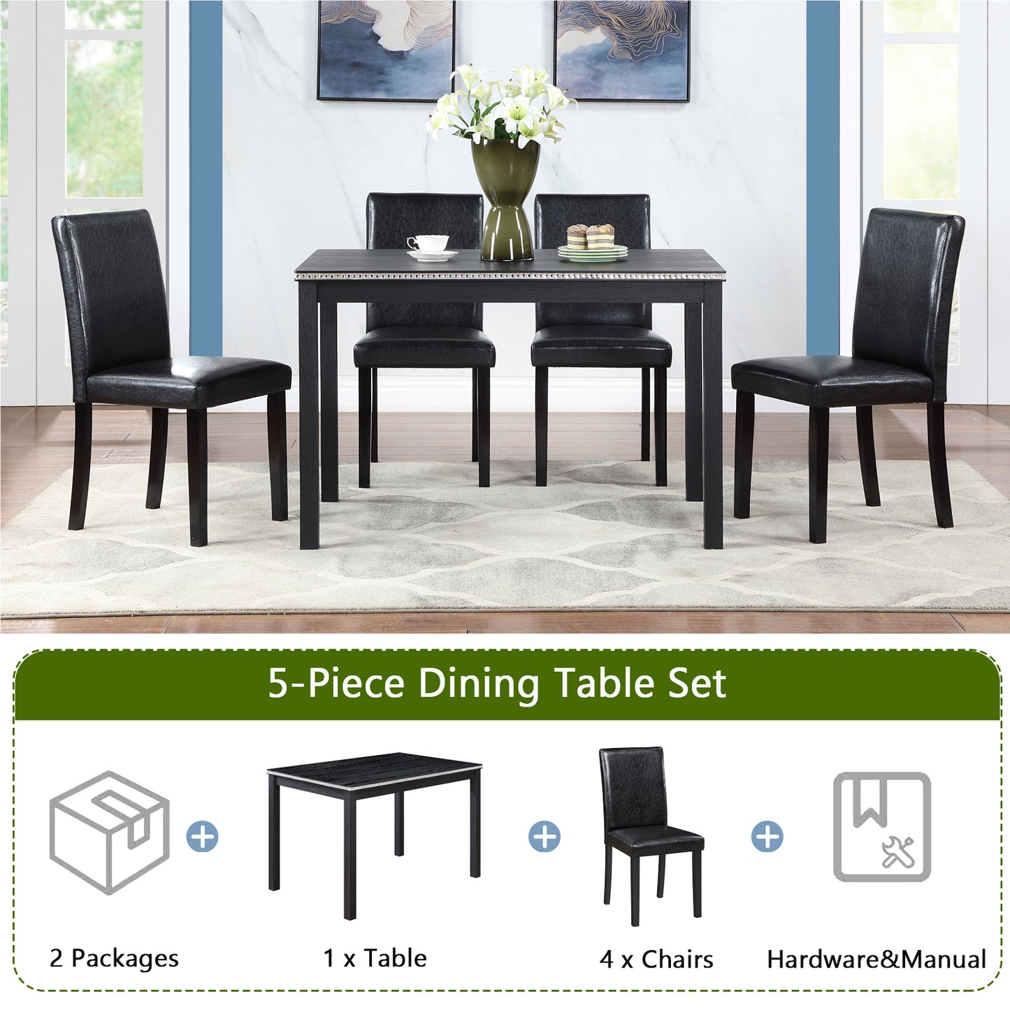 5 Piece Wooden Dining Table Set, Kitchen Table Set with a Rectangular Table and 4 Upholstered Chairs, Wooden Dining Room Table with Crystal Decoration and Chairs Set for Kitchen, Dining Room, Black