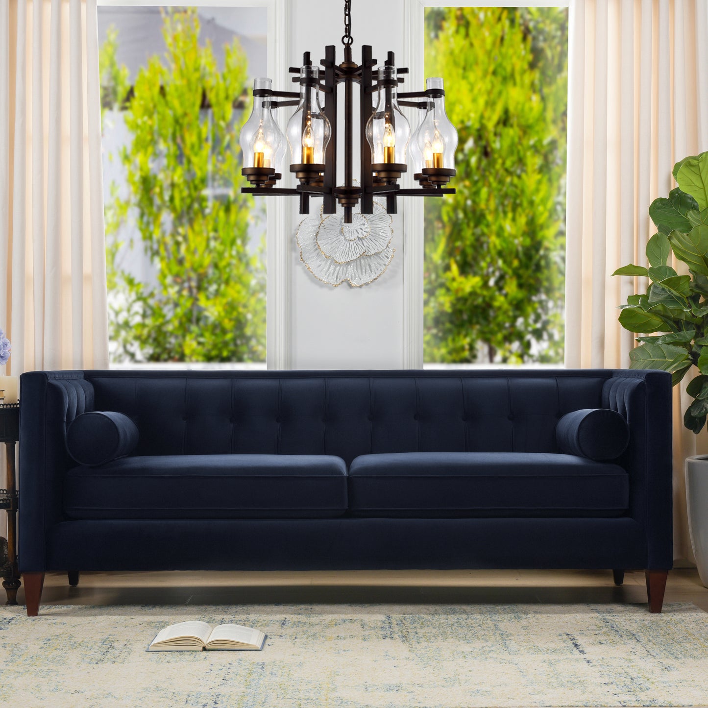 Jack 84" Modern Tuxedo Tufted Sofa, Dark Navy Blue Performance Velvet