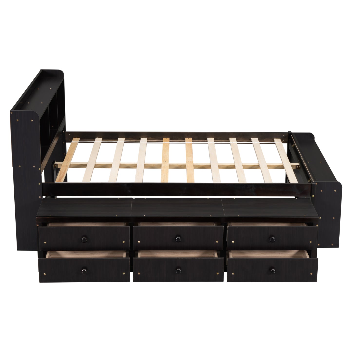 Full Bed with Bookcase Headboard, Under bed Storage Drawers and Bed End Storage Case,Espresso
