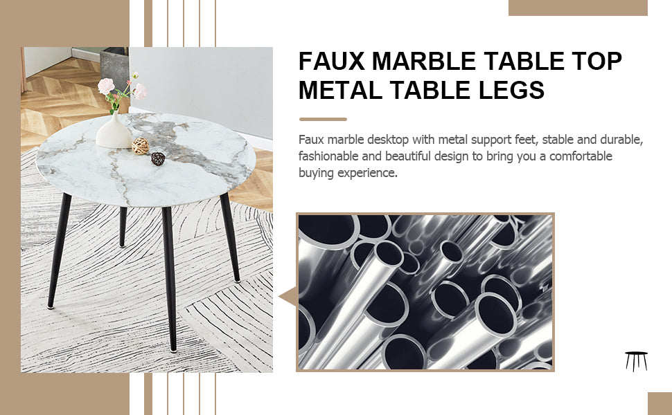 A modern minimalist circular dining table with a diameter of 40 inches, a 0.3 inch thick imitation marble pattern tabletop and black metal legs  40 '* 40' * 30 'DT-1164