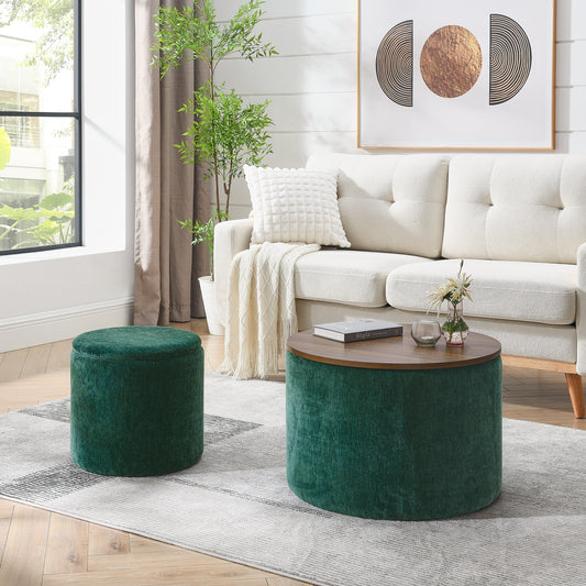 2-Piece Set Round Chenille Storage Ottoman, Equipped with a Drum Shaped Small Stool, Storage Space, and MDF Made Desktop Panel (Dark Green23.62'x23.62'x16.53')