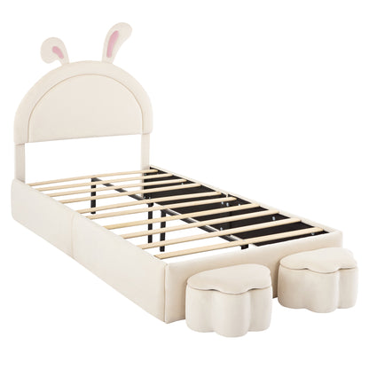 Twin size Upholstered Rabbit-Shape Bed with 2 Storage Stools, Velvet Platform Bed with Cartoon Ears Shaped Headboard, White