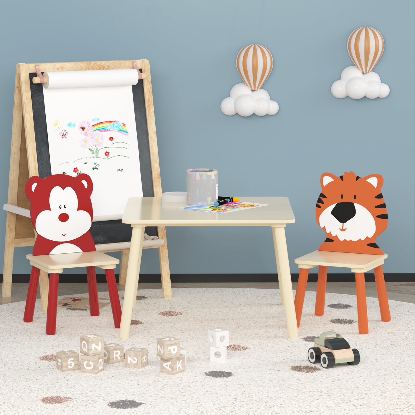 Kids Table and 2 Chairs Set, 3 Pieces Toddler Table and Chair Set, Wooden Activity Play Table Set (Bear&Tiger)