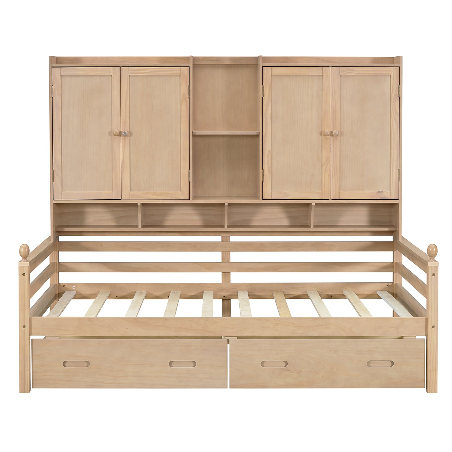 Twin Size Wooden Storage Daybed Frame with Bookcase Headboard and Two Under-bed Drawers for Bedroom Living Room, No Box Spring Needed,Natural