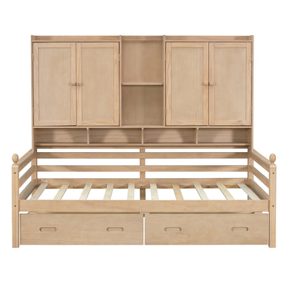 Twin Size Wooden Storage Daybed Frame with Bookcase Headboard and Two Under-bed Drawers for Bedroom Living Room, No Box Spring Needed,Natural