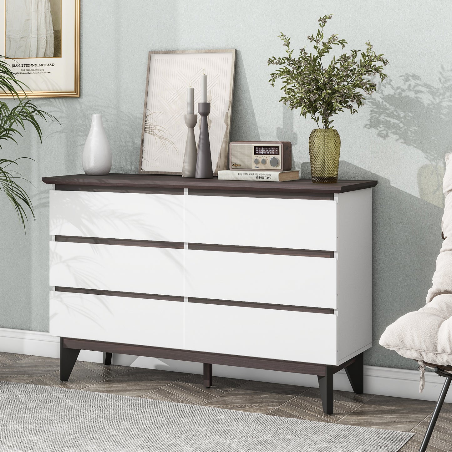 Wide size Drawer Storage Cabinet, 6-drawer Chest of Drawers for Bedroom Living Room, White & Walnut color, 47.2'' W x 15.74'' D x 30 .7''H