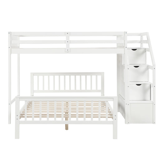 White Twin over Full Loft Bed with Staircase and Storage, Pine Wood + MDF, 97.2''L x 78.4''W x 61.4''H