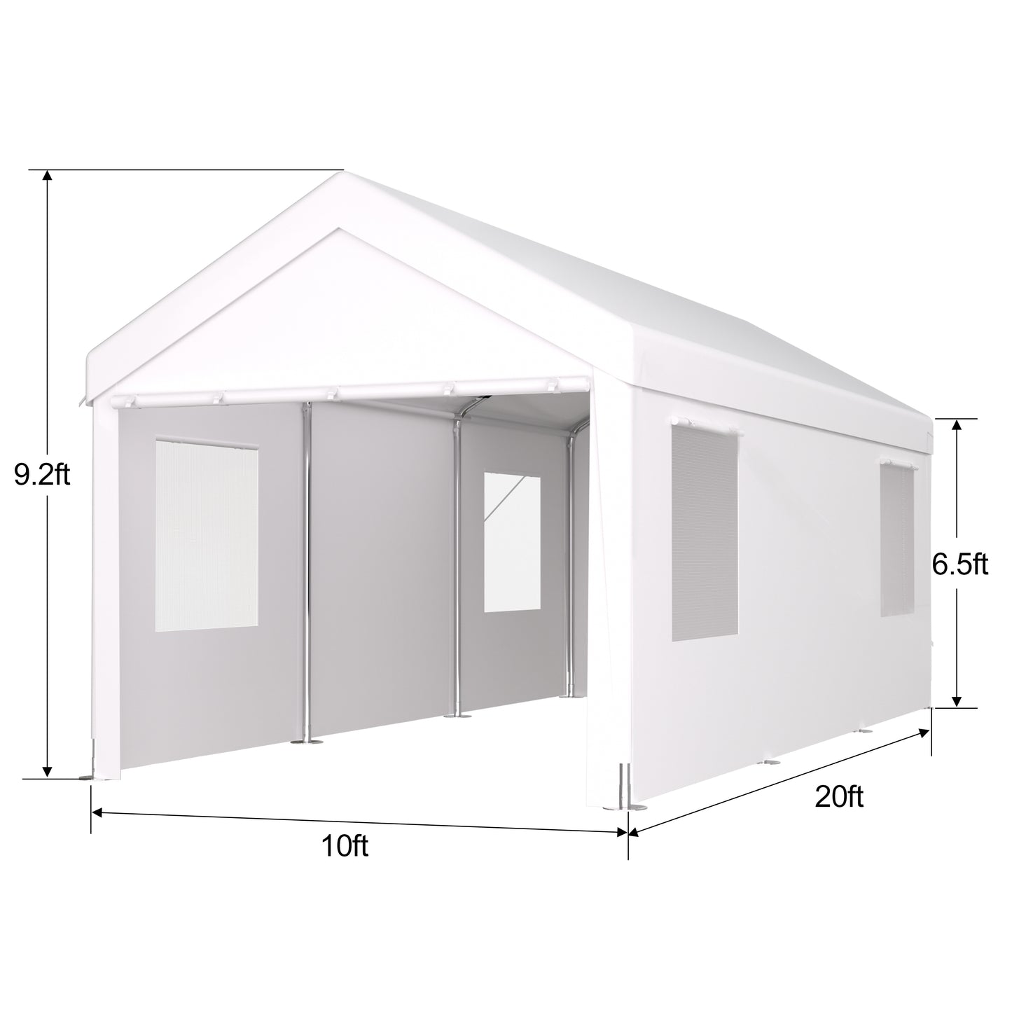 Carport 10' x 20' Portable Garage, Heavy Duty Car Port Canopy with 2 Roll-up Doors & 4 Ventilated Windows for Car, Truck, Boat, Garden Tools ,white