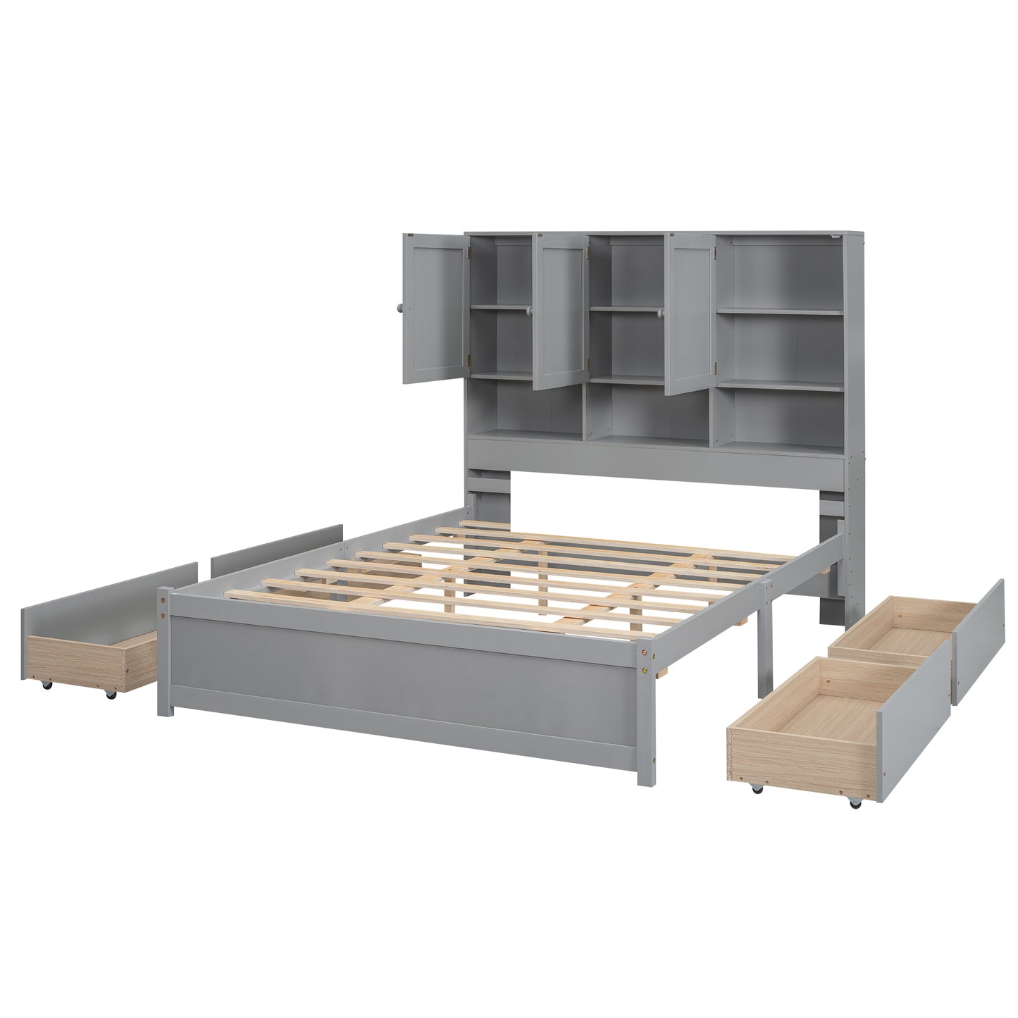 Queen Size Platform Bed with Storage Headboard and 4 Drawers, Gray